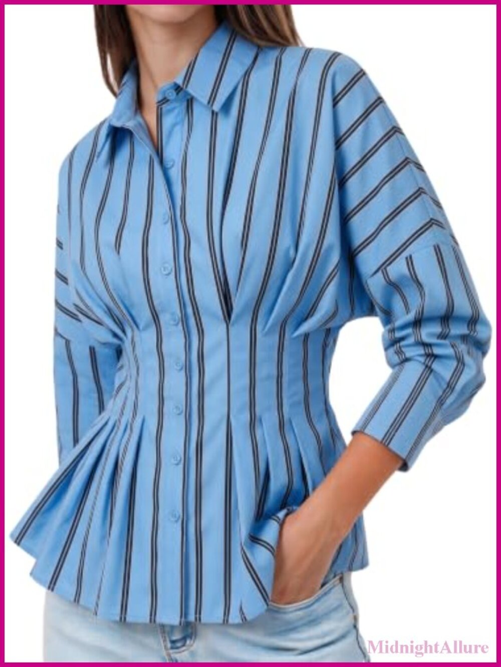 Striped Button Down Shirt Cinched Waist Peplum Long Sleeve Office Blouse
